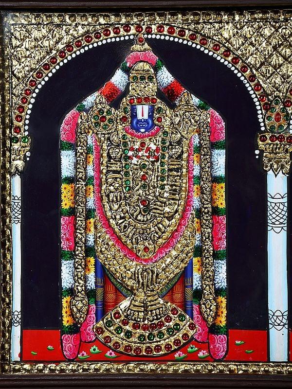 Exotic India Five Hindu Gods And Goddesses : Tirupati Balaji (Venkateshvara) Lakshmi Ganesha Saraswati And Karttikeya | 24 Karat Gold Work | Framed Tanjore Painting