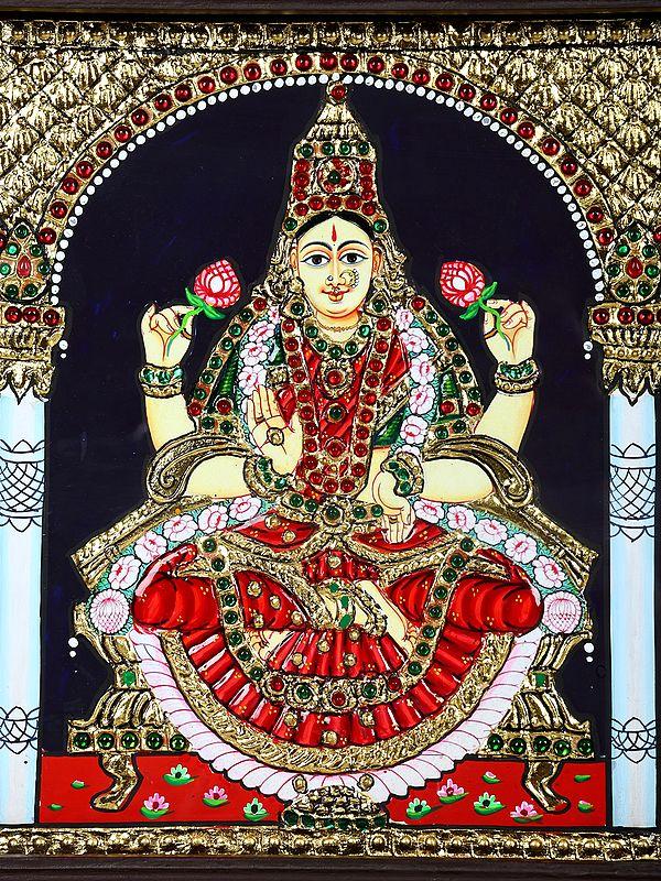 Exotic India Five Hindu Gods And Goddesses : Tirupati Balaji (Venkateshvara) Lakshmi Ganesha Saraswati And Karttikeya | 24 Karat Gold Work | Framed Tanjore Painting