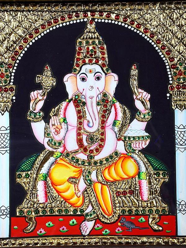 Exotic India Five Hindu Gods And Goddesses : Tirupati Balaji (Venkateshvara) Lakshmi Ganesha Saraswati And Karttikeya | 24 Karat Gold Work | Framed Tanjore Painting