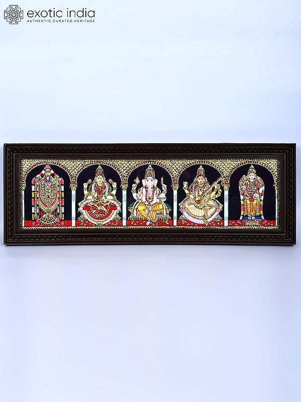 exotic india Five Hindu Gods and Goddesses : Tirupati Balaji (Venkateshvara) Lakshmi Ganesha Saraswati and Karttikeya | 24 Karat Gold Work | Framed Tanjore Painting