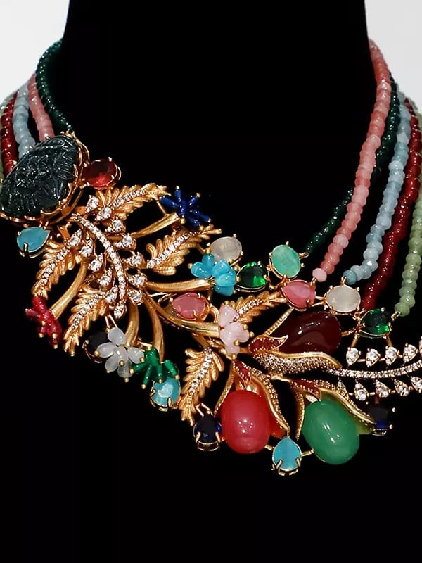 Exotic India Five Layered Floral Design Beaded Stone Studded Elegant Necklace Set With Earrings