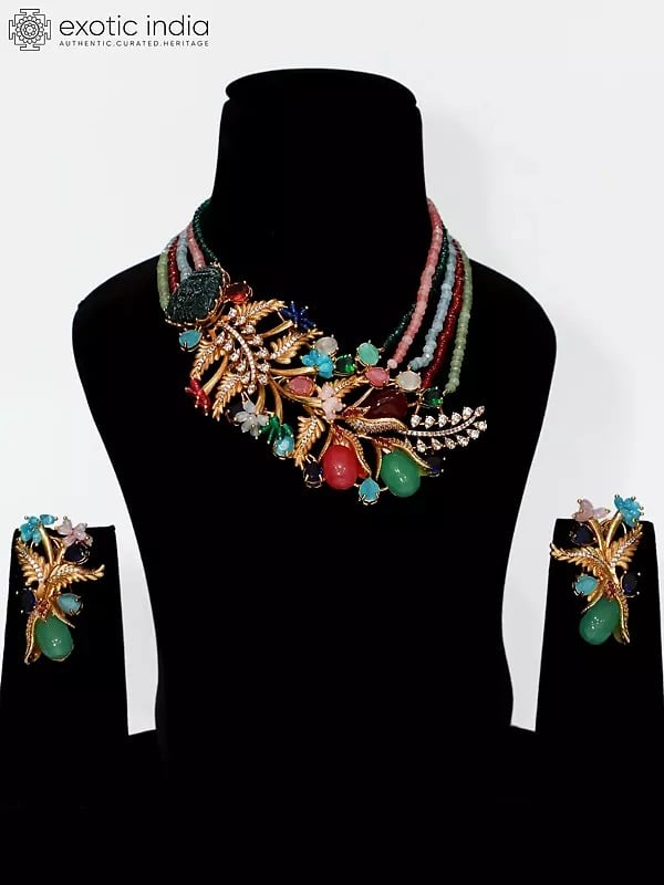 exotic india Five Layered Floral Design Beaded Stone Studded Elegant Necklace Set With Earrings 
