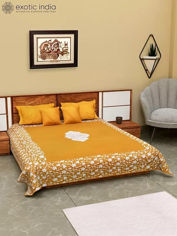 Exotic India Five Piece Pure Cotton Aari Embroidered Queen Size Bedspread With Pillow Cases And Cushion Covers