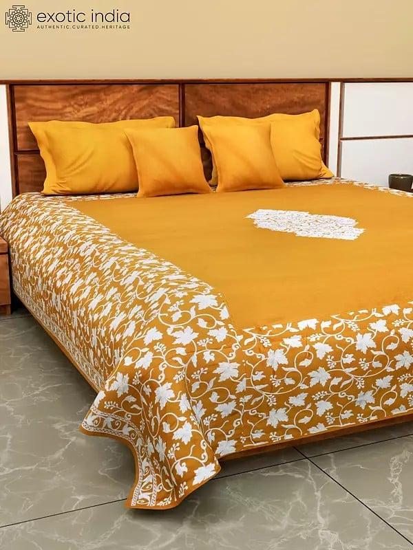 Exotic India Five Piece Pure Cotton Aari Embroidered Queen Size Bedspread With Pillow Cases And Cushion Covers