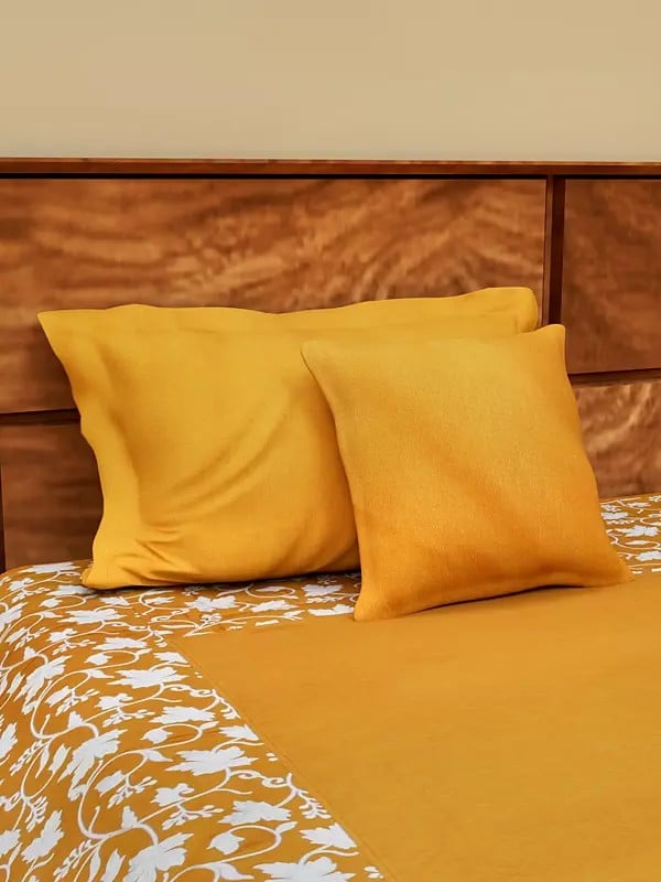 Exotic India Five Piece Pure Cotton Aari Embroidered Queen Size Bedspread With Pillow Cases And Cushion Covers