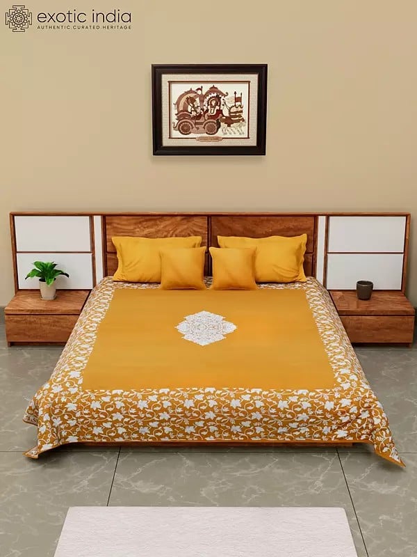 exotic india Five Piece Pure Cotton Aari Embroidered Queen Size Bedspread with Pillow Cases and Cushion Covers 