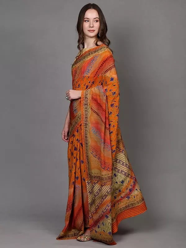 Exotic India Flame-Orange Sequins Work Crepe Saree With Kantha Embroidered Flowers 