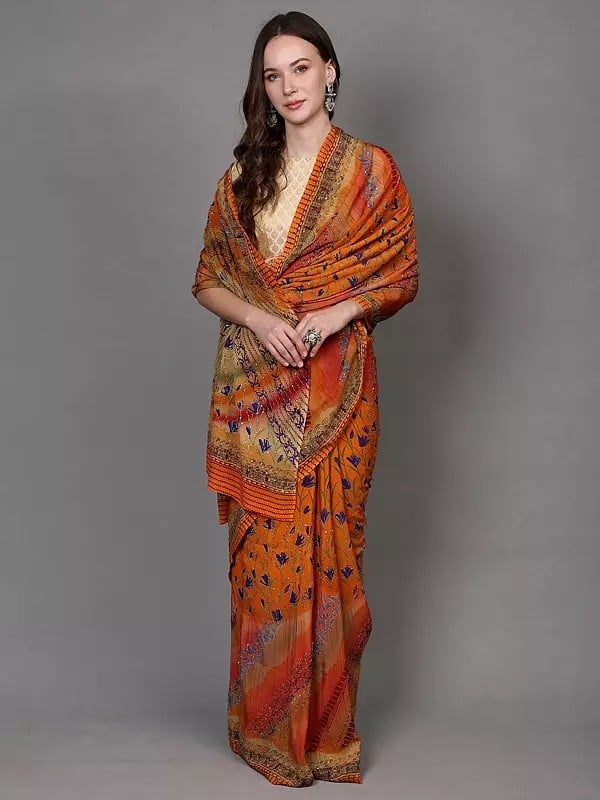 Exotic India Flame-Orange Sequins Work Crepe Saree With Kantha Embroidered Flowers 