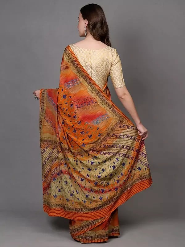 Exotic India Flame-Orange Sequins Work Crepe Saree With Kantha Embroidered Flowers 