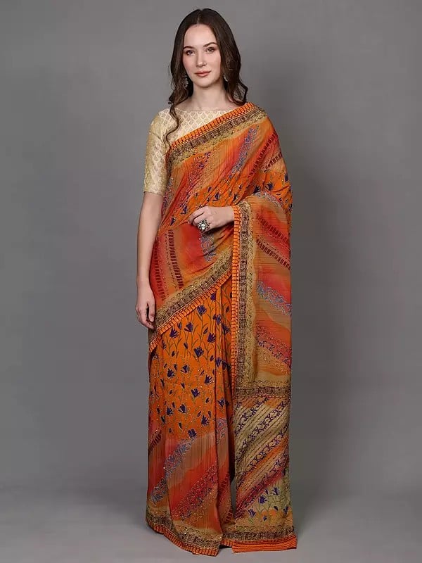 exotic india Flame-Orange Sequins work Crepe Saree with Kantha Embroidered Flowers 