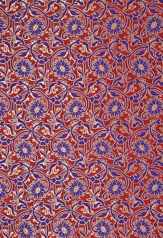 exotic india Flame Scarlet-Red Katan Fabric from Banaras with Woven Flowers in Blue and Gold 
