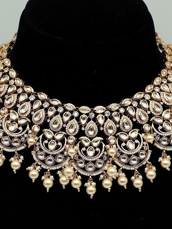 Exotic India Floral Beaded Necklace Set With Matte Finishing And Earrings