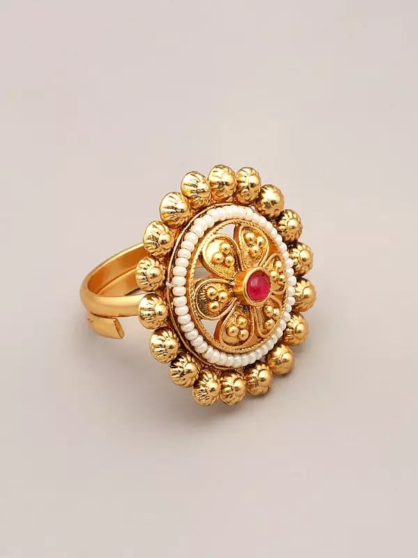 Exotic India Floral Brass Adjustable Ring With Beads And Stone 