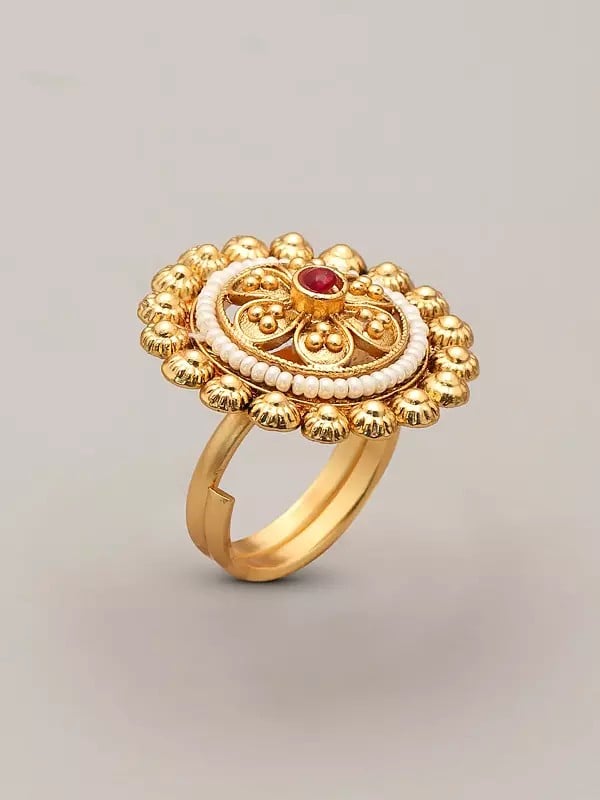 Exotic India Floral Brass Adjustable Ring With Beads And Stone 
