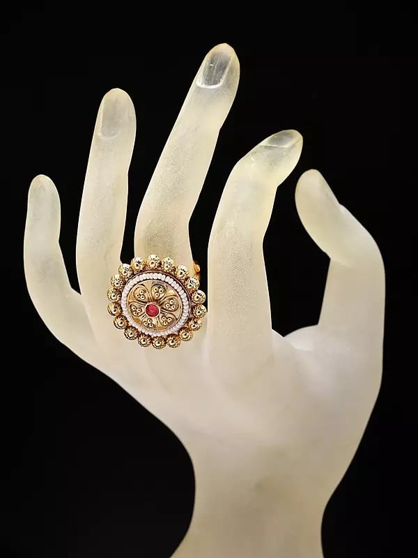 Exotic India Floral Brass Adjustable Ring With Beads And Stone 