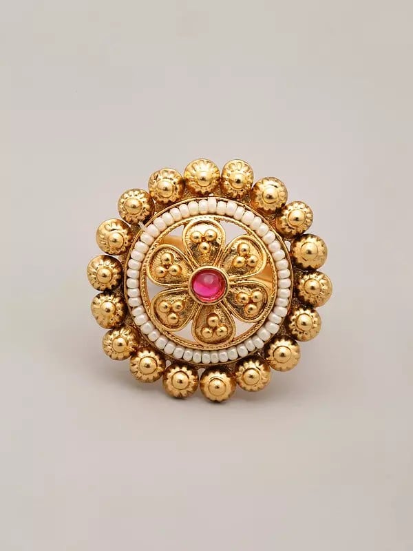 exotic india Floral Brass Adjustable Ring with Beads and Stone 