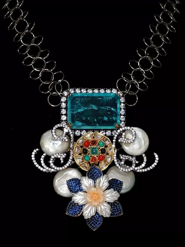 Exotic India Floral Design Aqua Stone Studded Necklace Set With Earrings