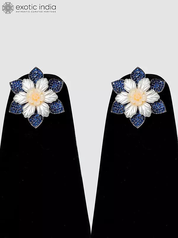 Exotic India Floral Design Aqua Stone Studded Necklace Set With Earrings