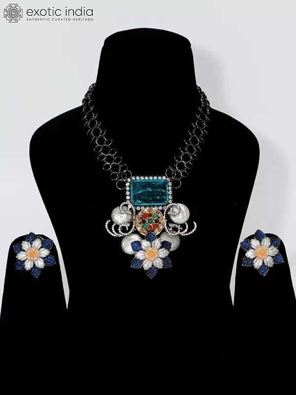 exotic india Floral Design Aqua Stone Studded Necklace Set With Earrings