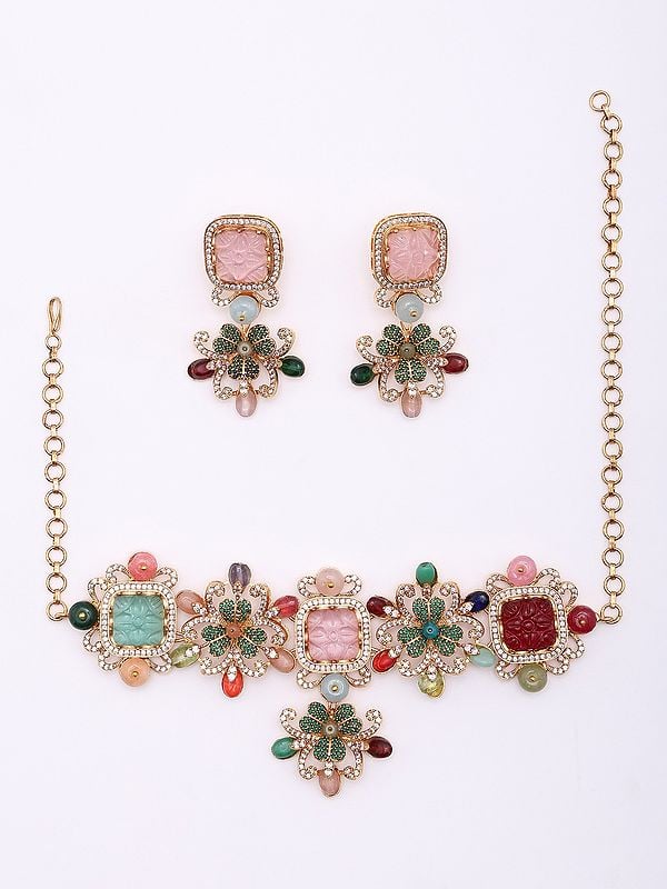 Exotic India Floral Design Choker And Earrings Set With Multicolor Stones 
