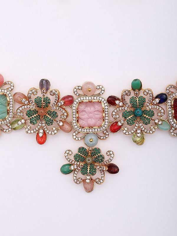 Exotic India Floral Design Choker And Earrings Set With Multicolor Stones 