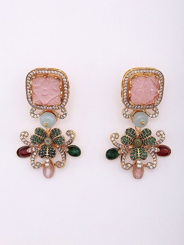 Exotic India Floral Design Choker And Earrings Set With Multicolor Stones 