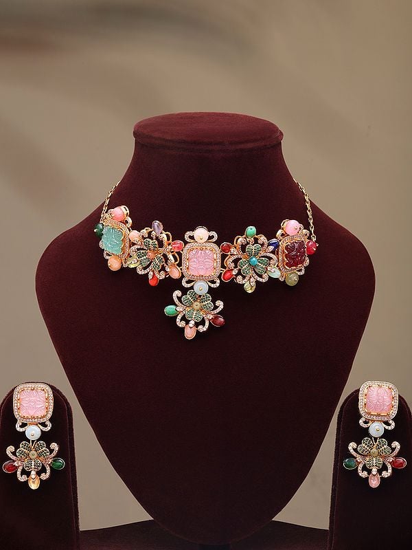 exotic india Floral Design Choker and Earrings Set with Multicolor Stones 