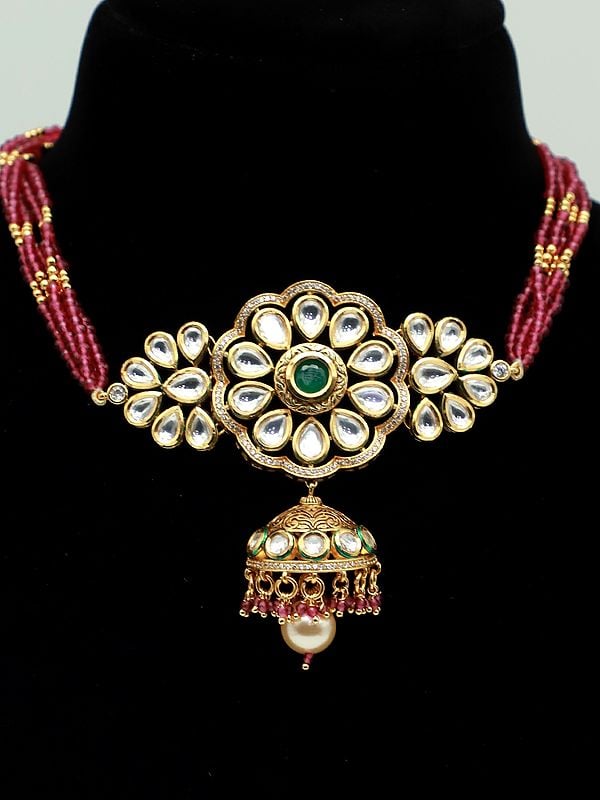 Exotic India Floral Design Choker Set With Bandhai Dori And Earrings
