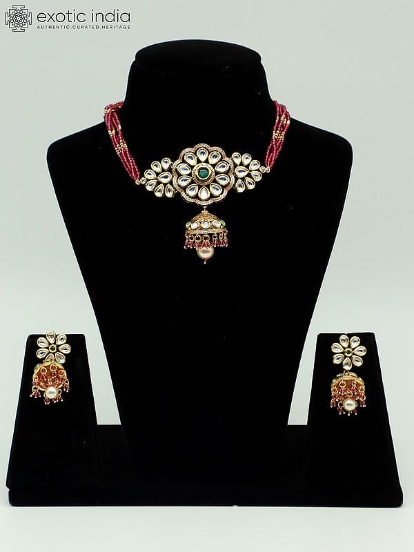 exotic india Floral Design Choker Set With Bandhai Dori And Earrings
