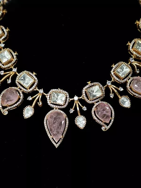 Exotic India Floral Design Copper And Kundan Stone Studded Embellished Necklace Set With Earrings 