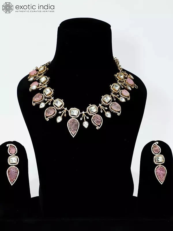 exotic india Floral Design Copper And Kundan Stone Studded Embellished Necklace Set With Earrings