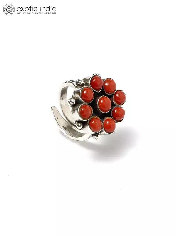 Exotic India Floral Design Coral Gemstone Ring | Sterling Silver Jewelry 