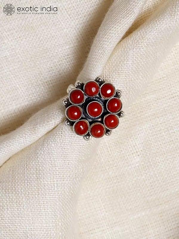 Exotic India Floral Design Coral Gemstone Ring | Sterling Silver Jewelry 