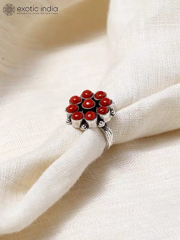 Exotic India Floral Design Coral Gemstone Ring | Sterling Silver Jewelry 