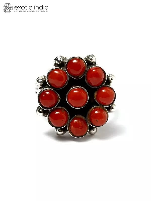 exotic india Floral Design Coral Gemstone Ring | Sterling Silver Jewelry 