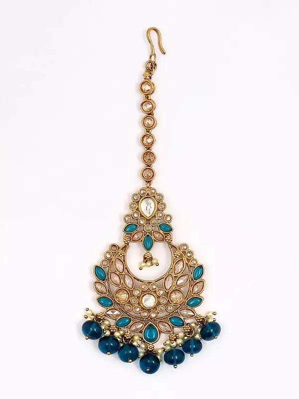 Exotic India Floral Design Dark Teal Stone Studded Necklace Set With Earrings And Mangtika