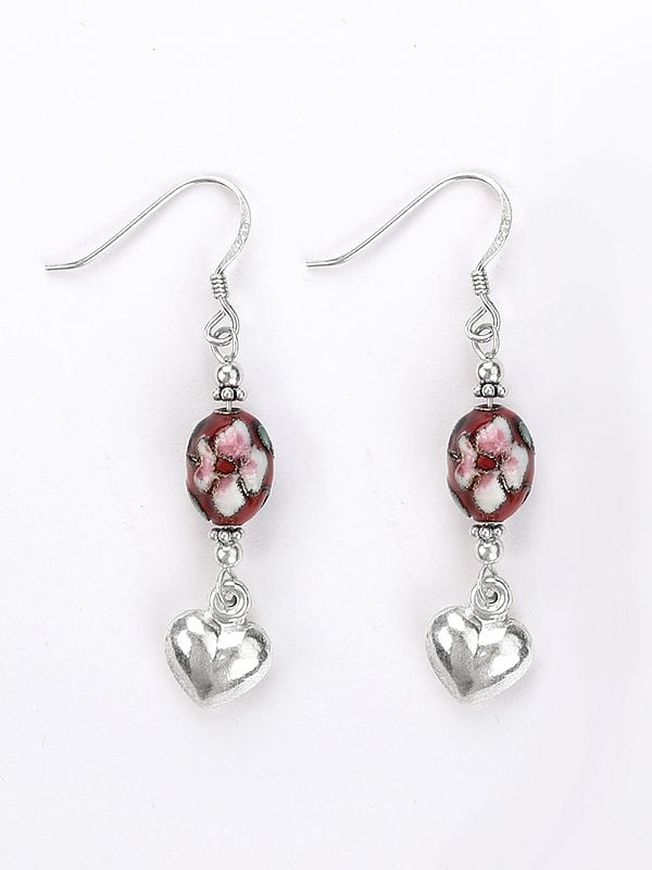 exotic india Floral Design Earring with Dangling Heart | Sterling Silver Jewelry 