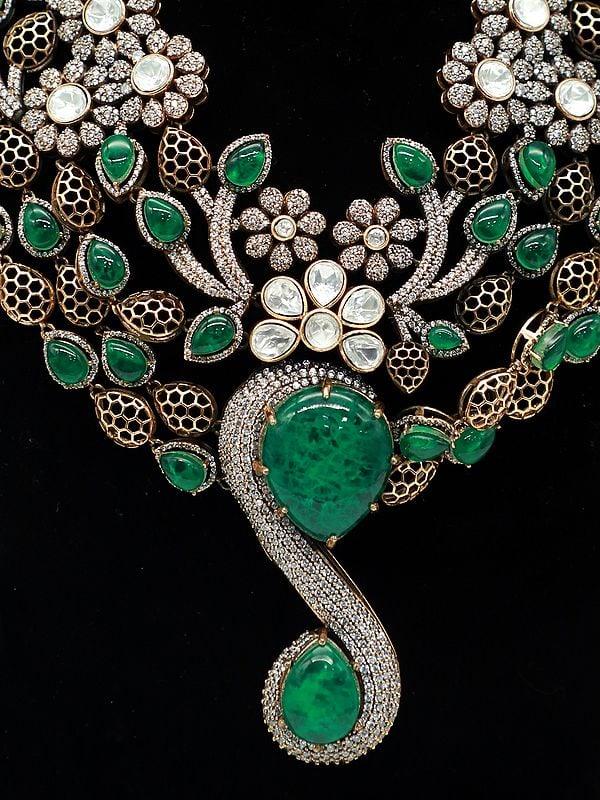 Exotic India Floral Design Embellished Moissanite Kundan With Matt Polish Necklace With Earrings
