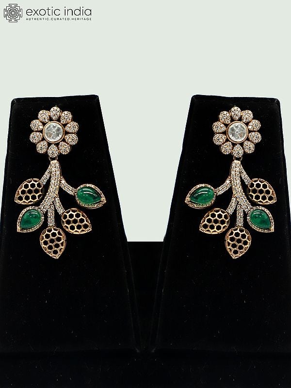 Exotic India Floral Design Embellished Moissanite Kundan With Matt Polish Necklace With Earrings