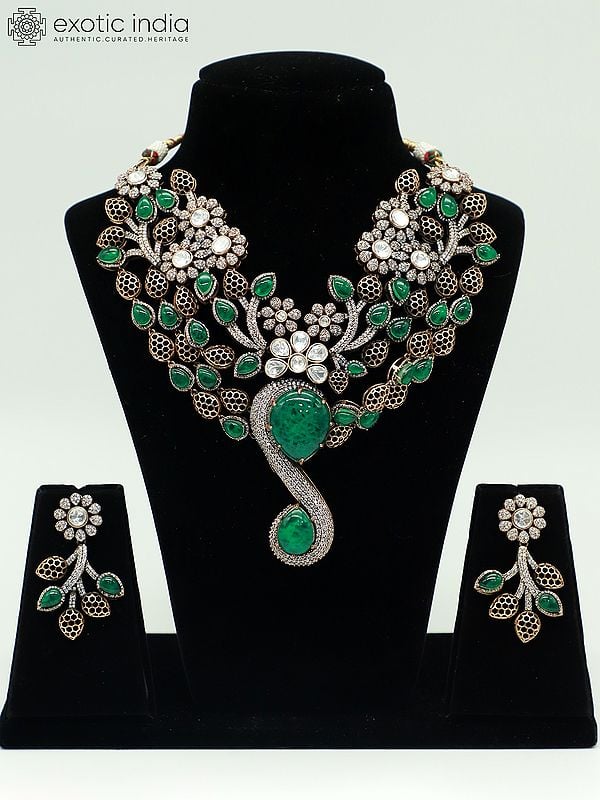 exotic india Floral Design Embellished Moissanite Kundan With Matt Polish Necklace With Earrings 