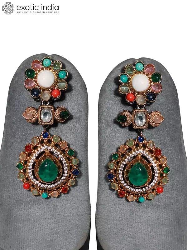 Exotic India Floral Design Embellished Stone Studded Necklace Set With Earrings 