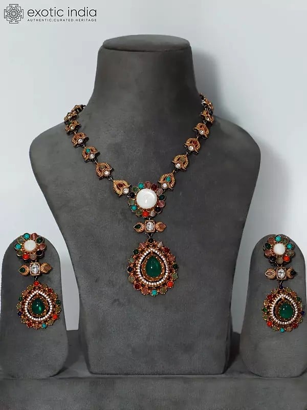 exotic india Floral Design Embellished Stone Studded Necklace Set With Earrings 