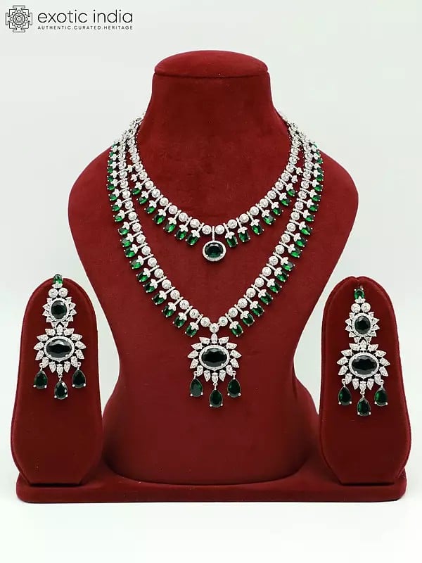 exotic india Floral Design Exquisite Stone Studded American Diamond Double Layered Necklace Set With Earrings 