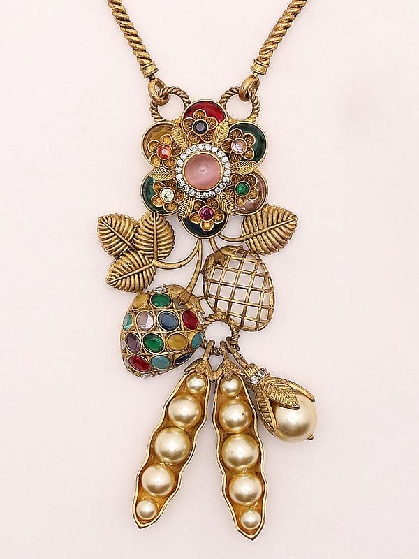 Exotic India Floral Design Long Necklace Set With Earrings 