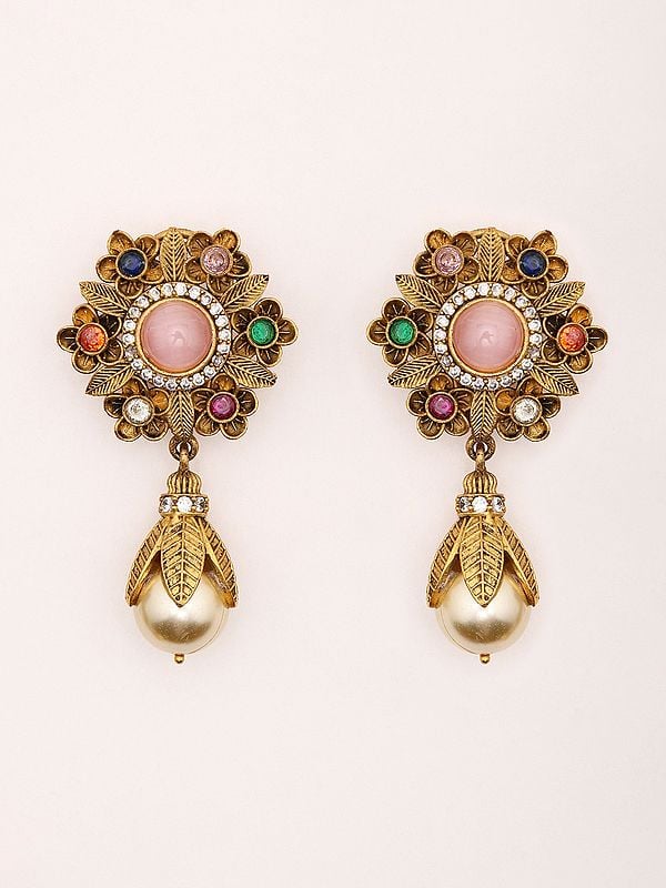 Exotic India Floral Design Long Necklace Set With Earrings 