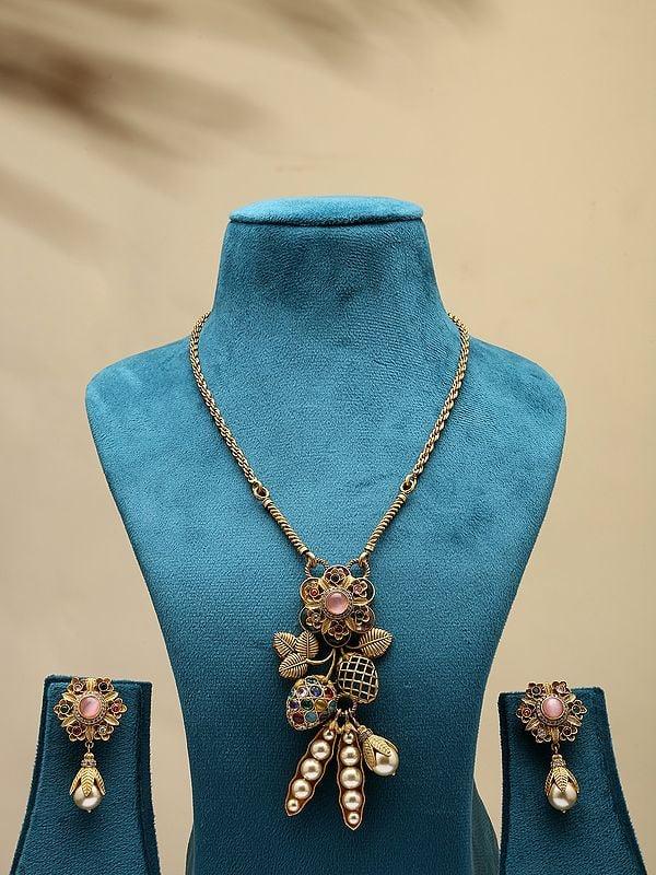 Exotic India Floral Design Long Necklace Set With Earrings 