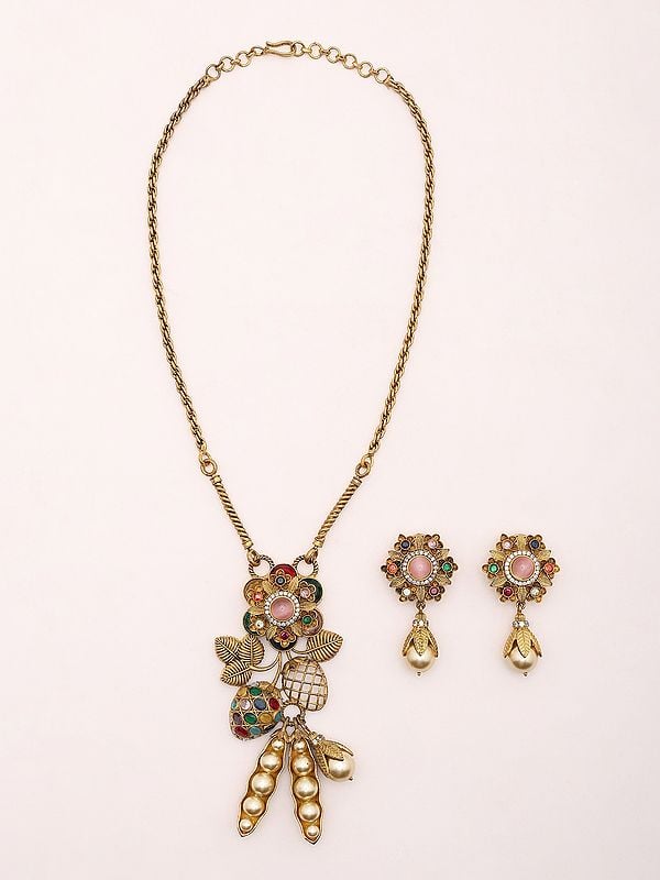 exotic india Floral Design Long Necklace Set with Earrings 