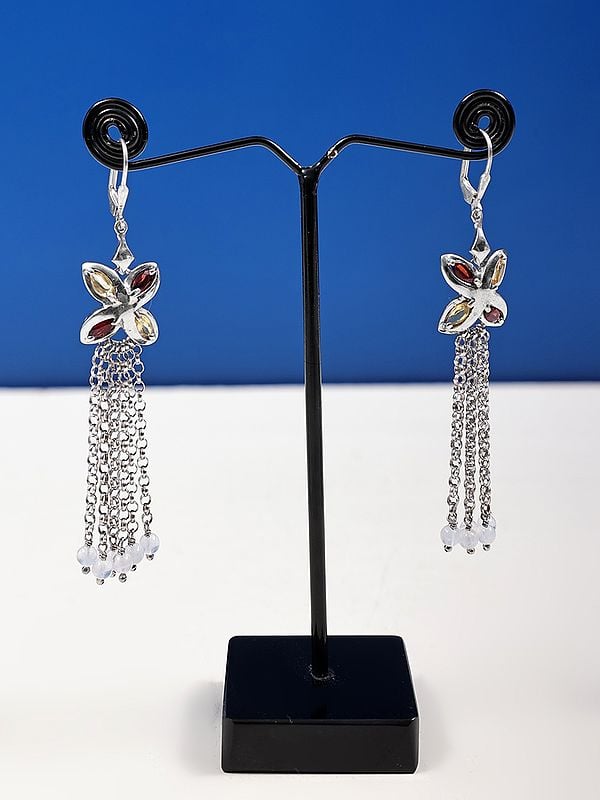 exotic india Floral Design Long Sterling Silver Earring with Gemstone