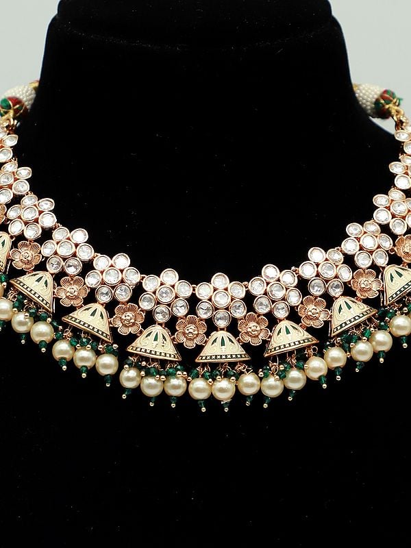 Exotic India Floral Design Meenakari Brass Necklace Set With Beautiful Earrings