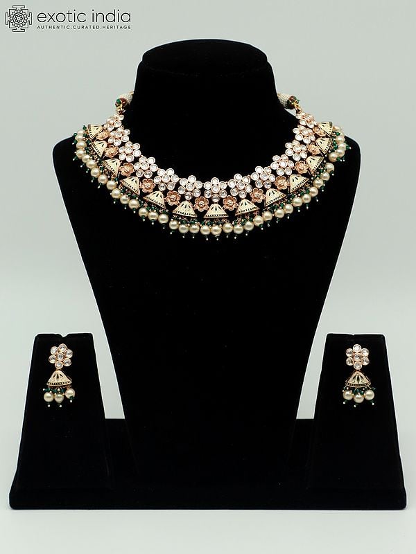 exotic india Floral Design Meenakari Brass Necklace Set With Beautiful Earrings 